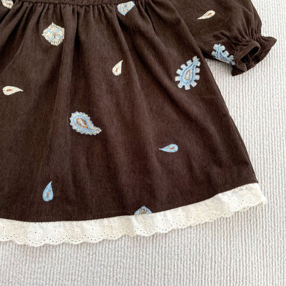 Baby Kids Girls Princess Long Sleeves Paisley Embroidered Pattern Dress
