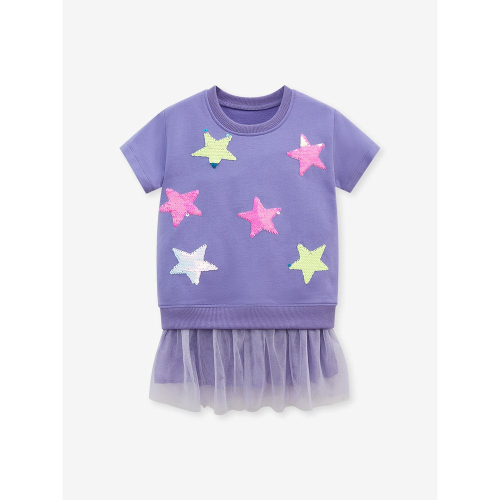 Baby Kids Girls Stars Pattern Short Sleeves Tulle Dress