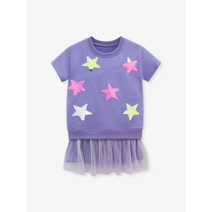 Baby Kids Girls Stars Pattern Short Sleeves Tulle Dress