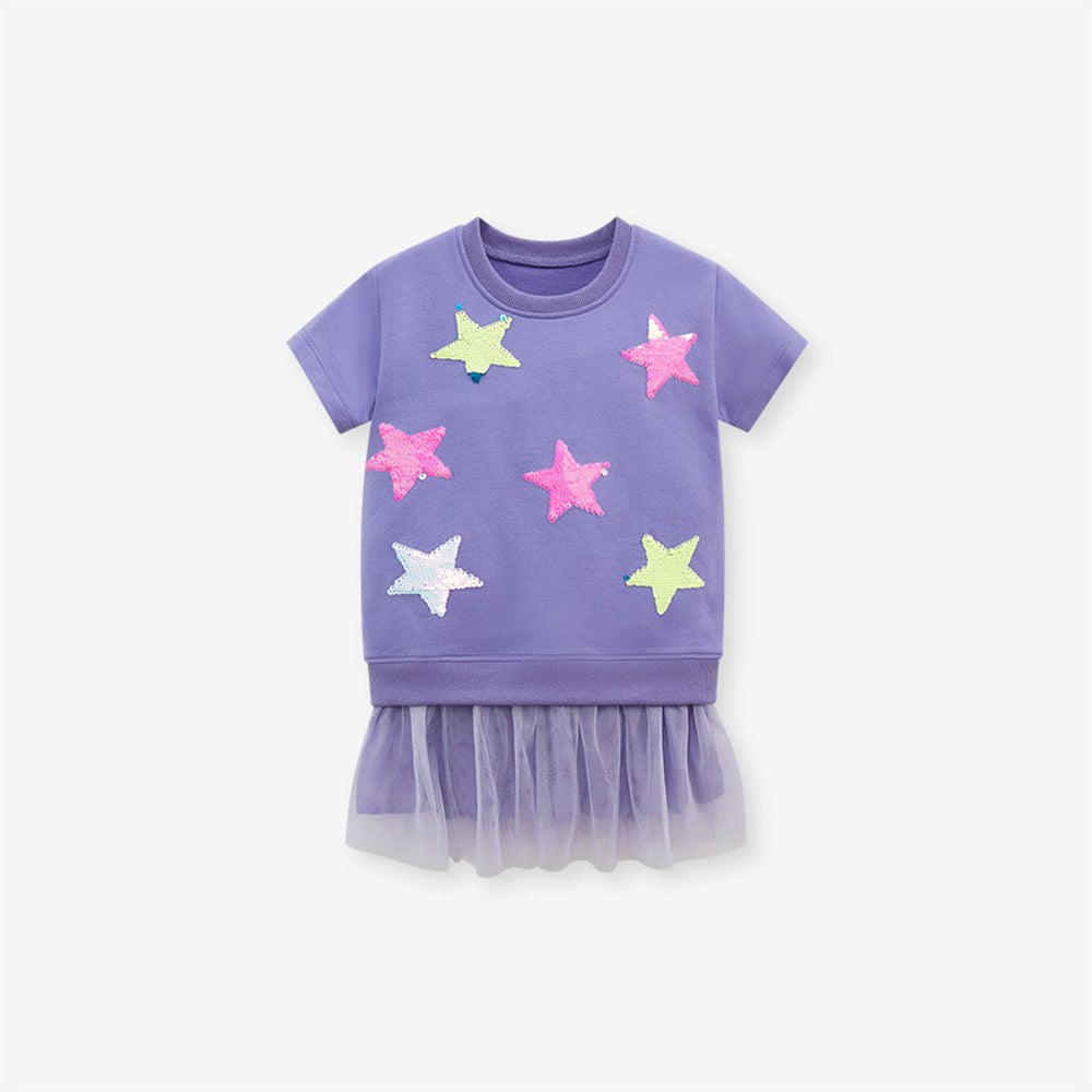 Baby Kids Girls Stars Pattern Short Sleeves Tulle Dress