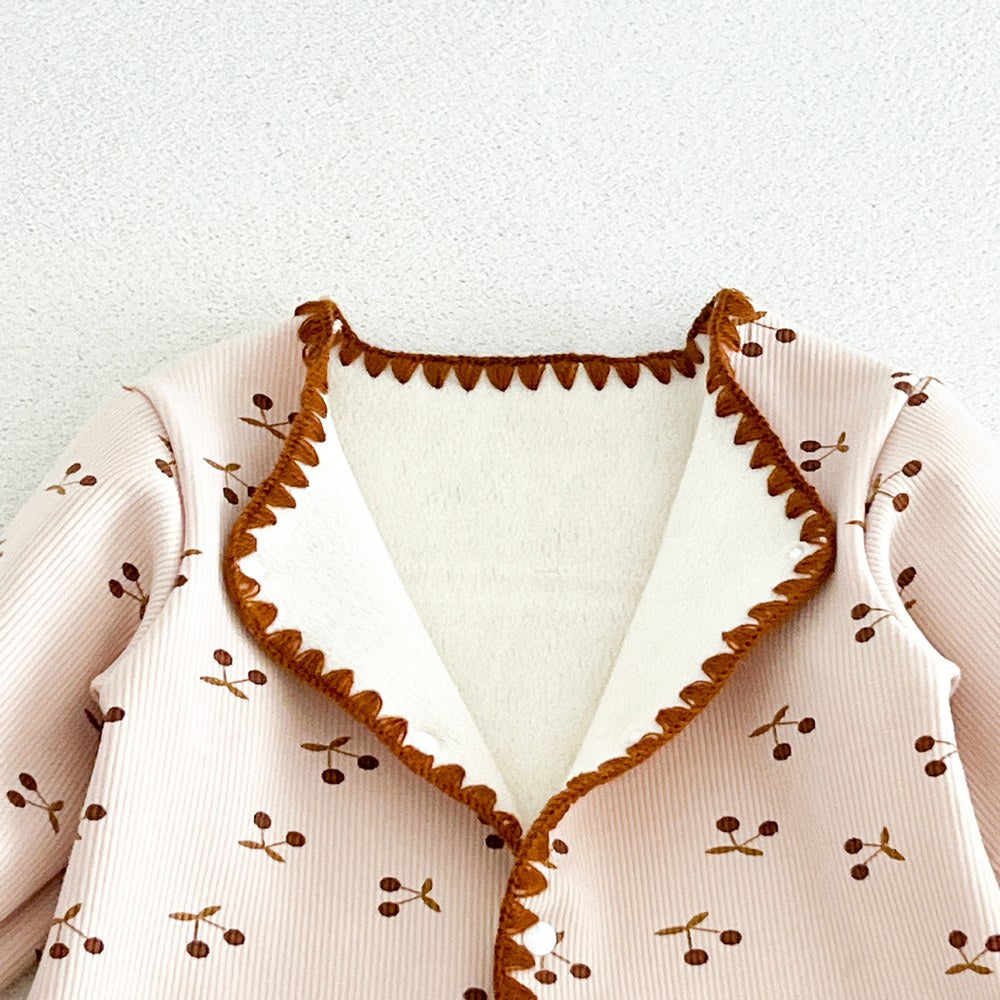 Baby Kids Long Sleeves Cherry Pattern Fleece-Lined Rompers