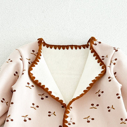 Baby Kids Long Sleeves Cherry Pattern Fleece-Lined Rompers