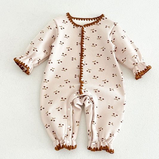 Baby Kids Long Sleeves Cherry Pattern Fleece-Lined Rompers