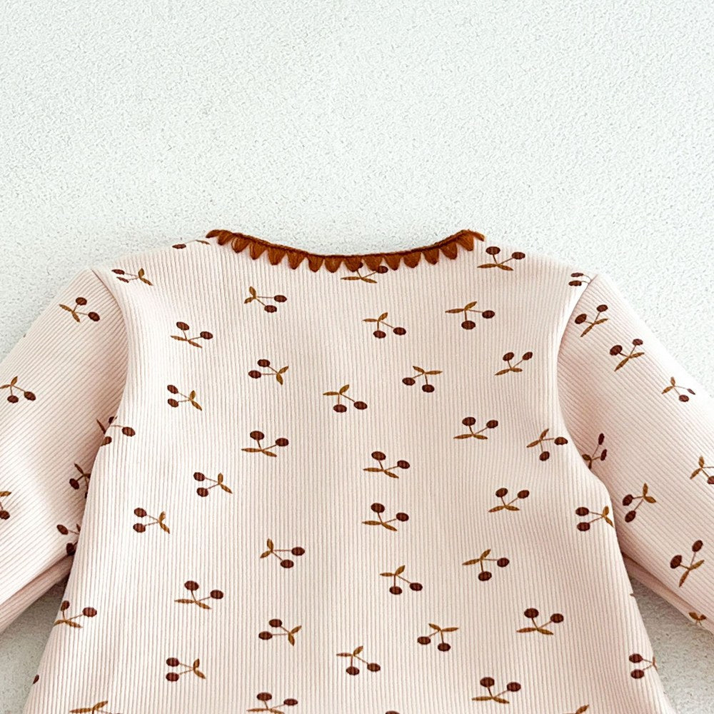 Baby Kids Long Sleeves Cherry Pattern Fleece-Lined Rompers