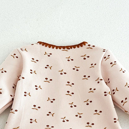 Baby Kids Long Sleeves Cherry Pattern Fleece-Lined Rompers