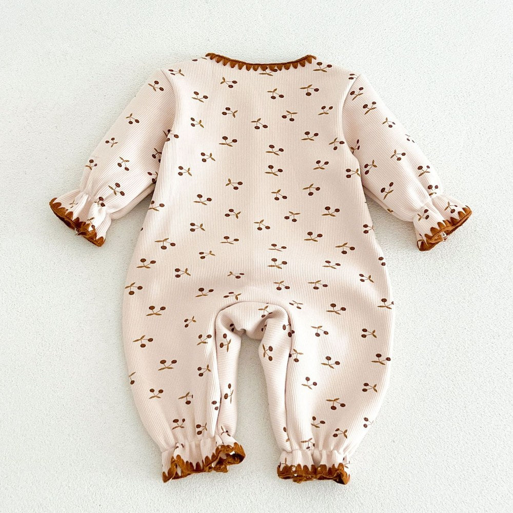 Baby Kids Long Sleeves Cherry Pattern Fleece-Lined Rompers