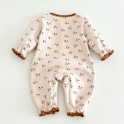 Baby Kids Long Sleeves Cherry Pattern Fleece-Lined Rompers