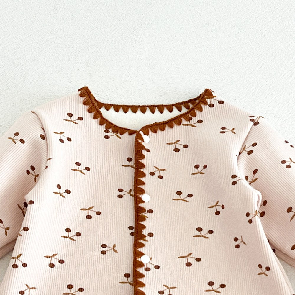 Baby Kids Long Sleeves Cherry Pattern Fleece-Lined Rompers