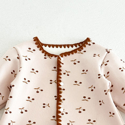 Baby Kids Long Sleeves Cherry Pattern Fleece-Lined Rompers