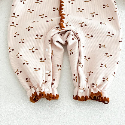 Baby Kids Long Sleeves Cherry Pattern Fleece-Lined Rompers