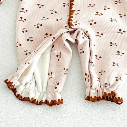 Baby Kids Long Sleeves Cherry Pattern Fleece-Lined Rompers