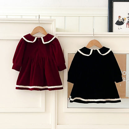 Baby Kids Girls Princess Vintage Long Sleeves Lace Trim Dress