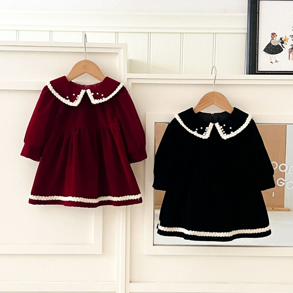 Baby Kids Girls Princess Vintage Long Sleeves Lace Trim Dress