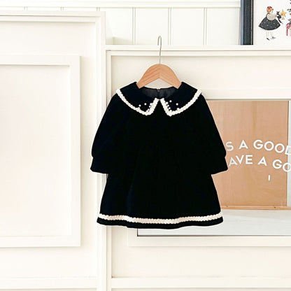 Baby Kids Girls Princess Vintage Long Sleeves Lace Trim Dress