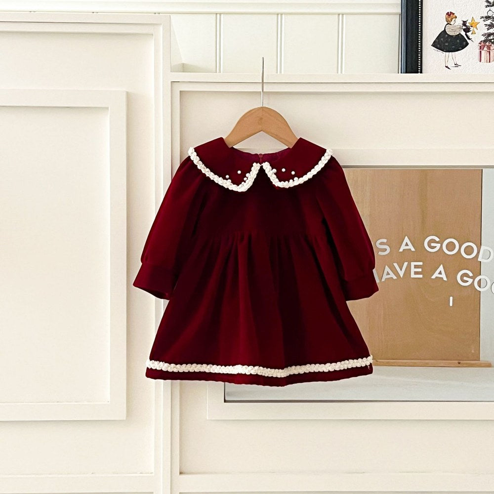 Baby Kids Girls Princess Vintage Long Sleeves Lace Trim Dress