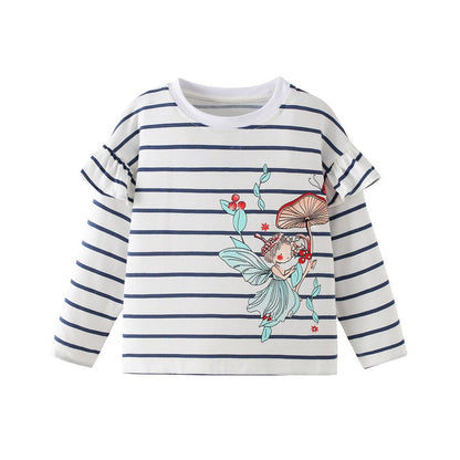 Kids Girls Cartoon and Striped Pattern Crew Neck Long Sleeves Top