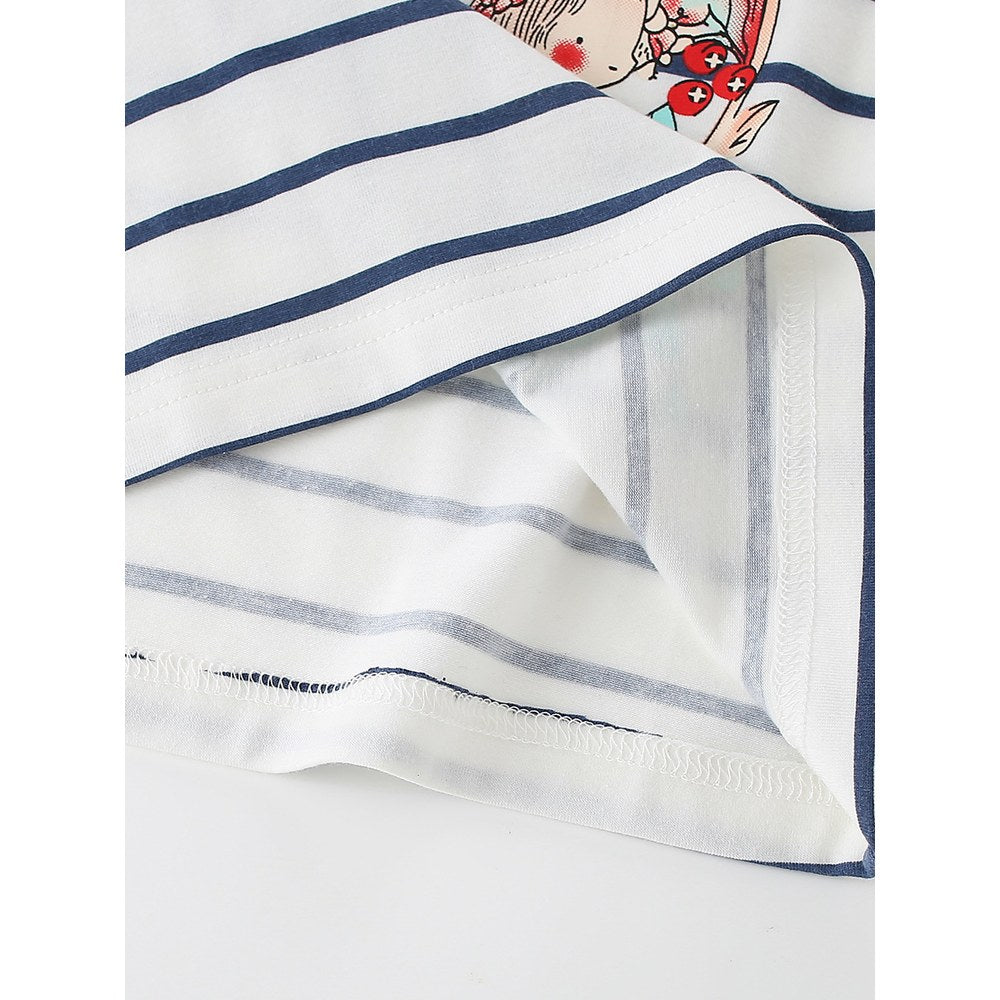 Kids Girls Cartoon and Striped Pattern Crew Neck Long Sleeves Top