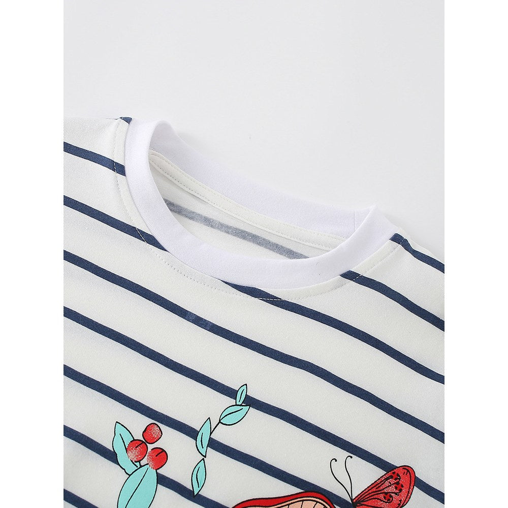 Kids Girls Cartoon and Striped Pattern Crew Neck Long Sleeves Top
