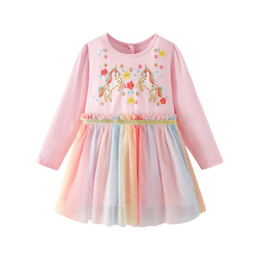 Baby Kids Girls Princess Cartoon Pattern Long Sleeves Tulle Dress
