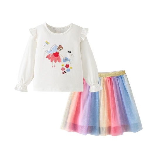 Baby Kids Girls Colorful Tulle Skirt and Cartoon Top 2-piece Clothing Set