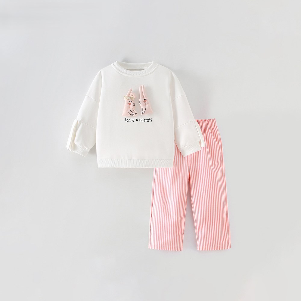 Baby Kids Girls Cartoon Pattern Long Sleeves Sweatshirt and Striped Pants 2-piece Clothing Set