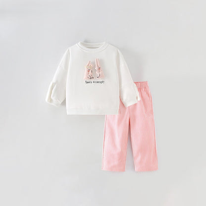 Baby Kids Girls Cartoon Pattern Long Sleeves Sweatshirt and Striped Pants 2-piece Clothing Set