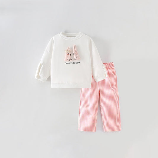 Baby Kids Girls Cartoon Pattern Long Sleeves Sweatshirt and Striped Pants 2-piece Clothing Set