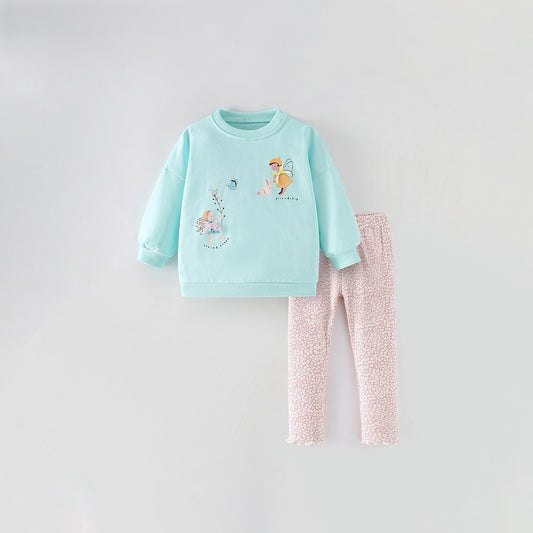 Baby Kids Girls Cartoon Pattern Long Sleeves Sweatshirt and Floral Pants 2-piece Clothing Set