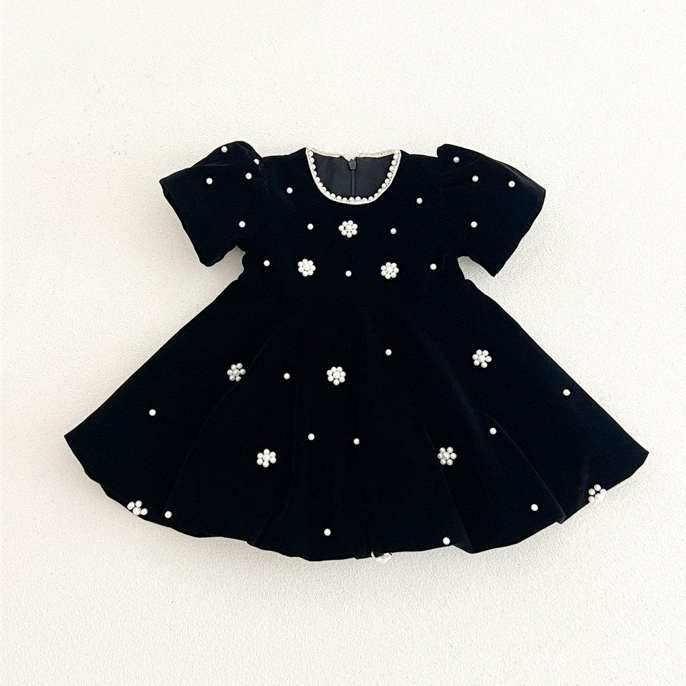 Baby Kids Girls Princess Short Sleeves Flowers Beaded Dress