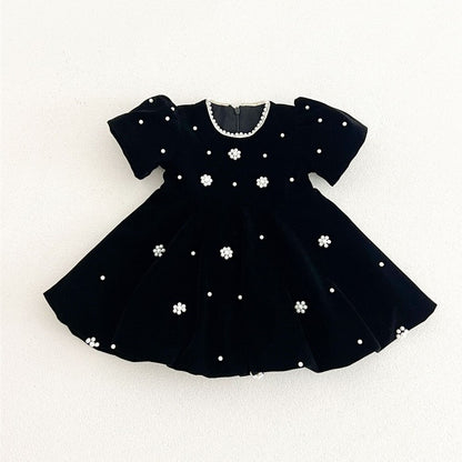 Baby Kids Girls Princess Short Sleeves Flowers Beaded Dress