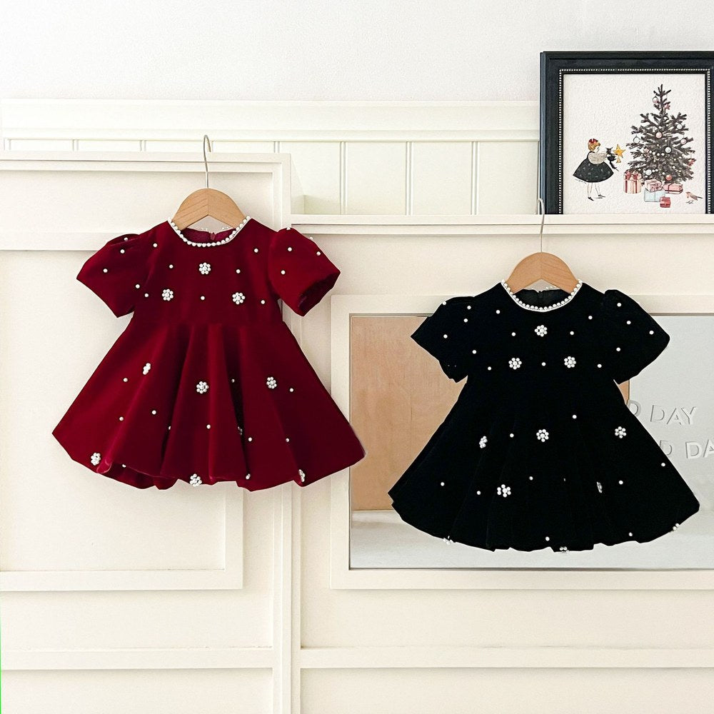 Baby Kids Girls Princess Short Sleeves Flowers Beaded Dress