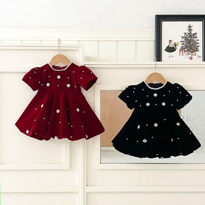 Baby Kids Girls Princess Short Sleeves Flowers Beaded Dress