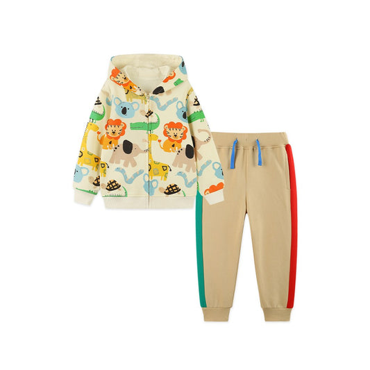 Baby Kids Boys Cartoon Pattern Long Sleeves Coat and Color Patchwork Pants 2-piece Clothing Set