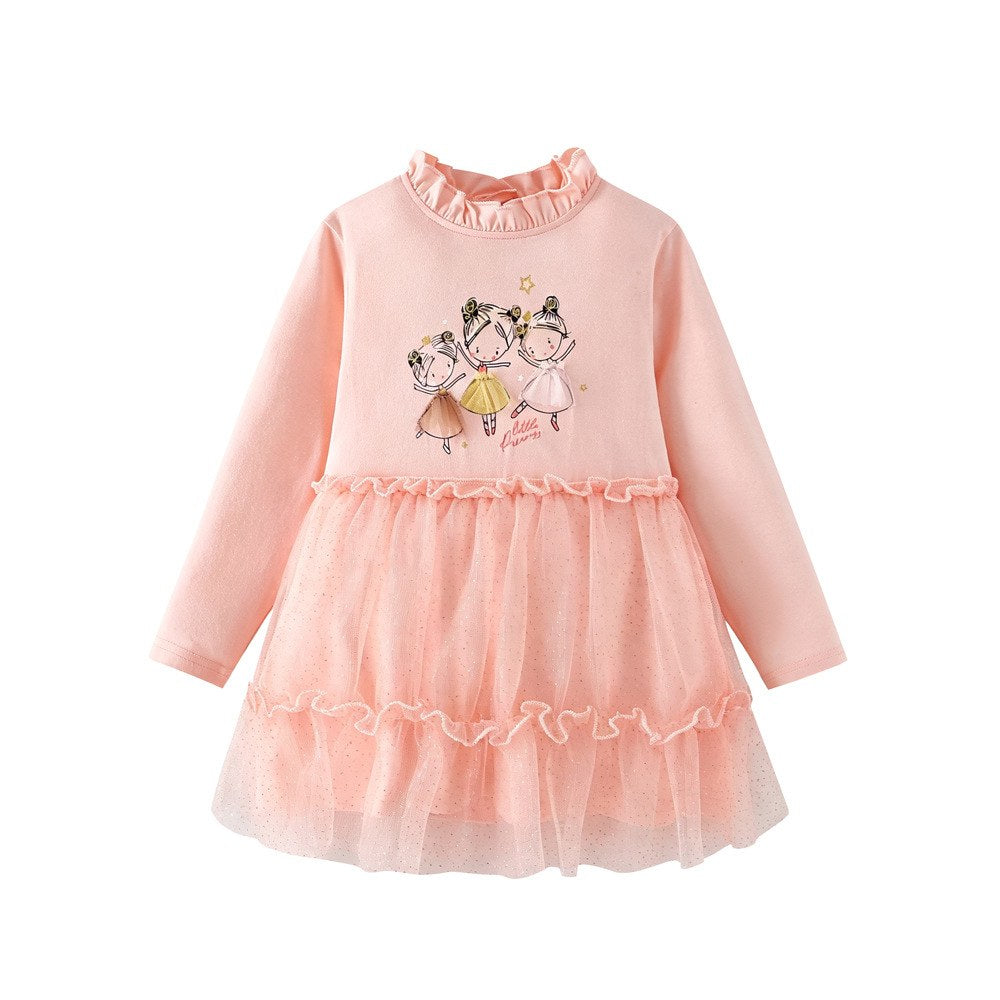 Baby Kids Girls Princess Cartoon Pattern Long Sleeves Tulle Dress