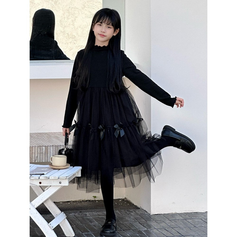 Long Sleeves Black One-Piece Tulle Dress for Stylish Girls