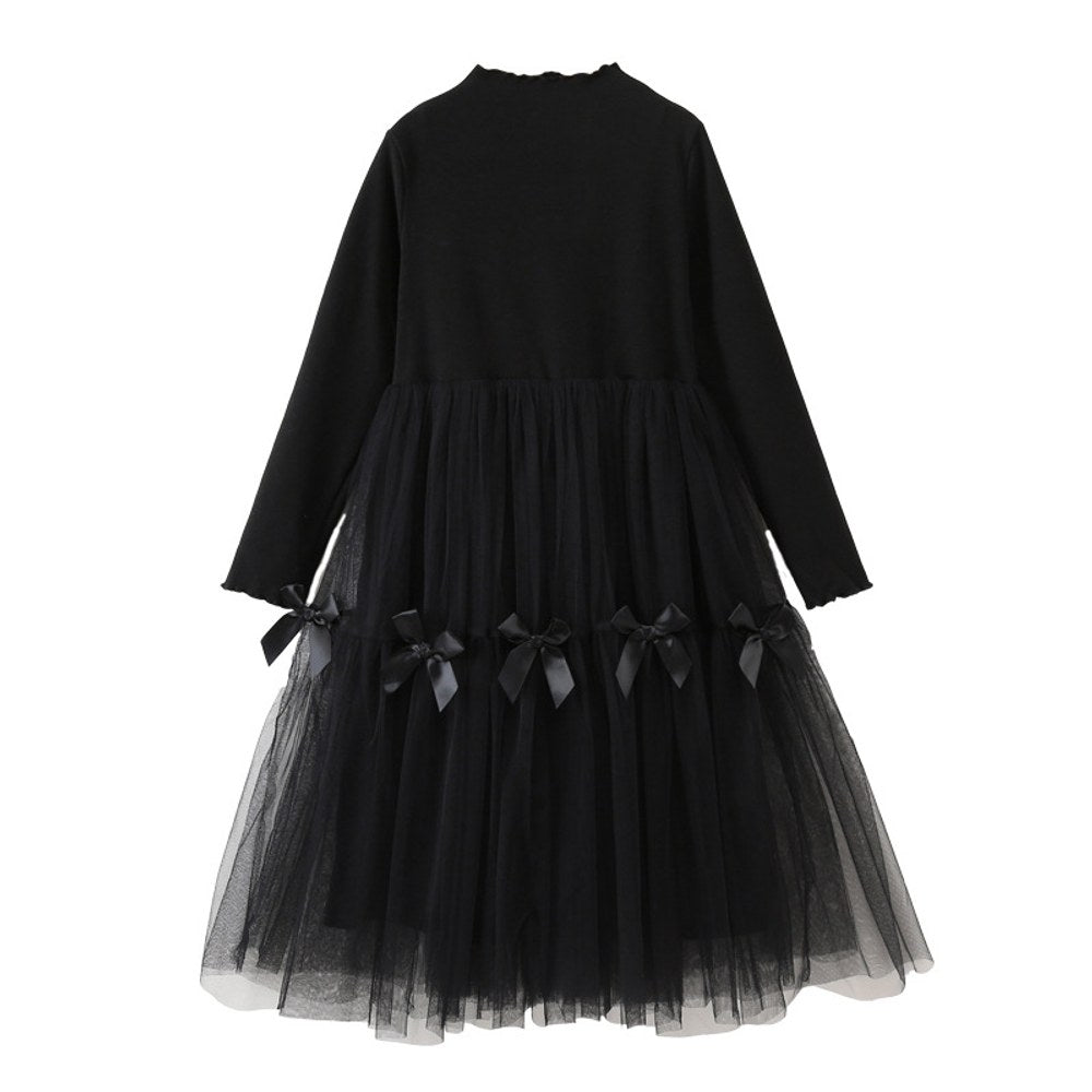 Long Sleeves Black One-Piece Tulle Dress for Stylish Girls