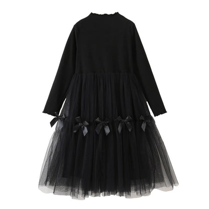 Long Sleeves Black One-Piece Tulle Dress for Stylish Girls