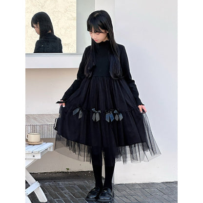 Long Sleeves Black One-Piece Tulle Dress for Stylish Girls