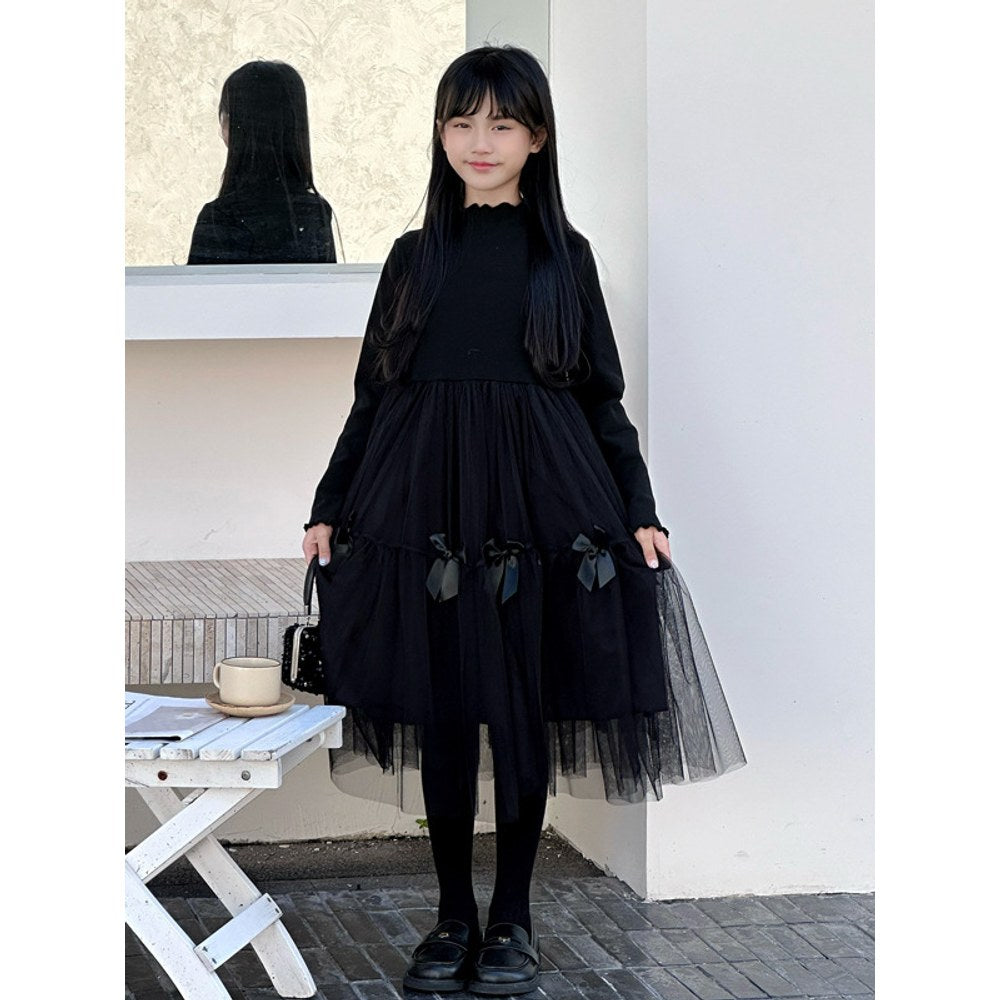 Long Sleeves Black One-Piece Tulle Dress for Stylish Girls