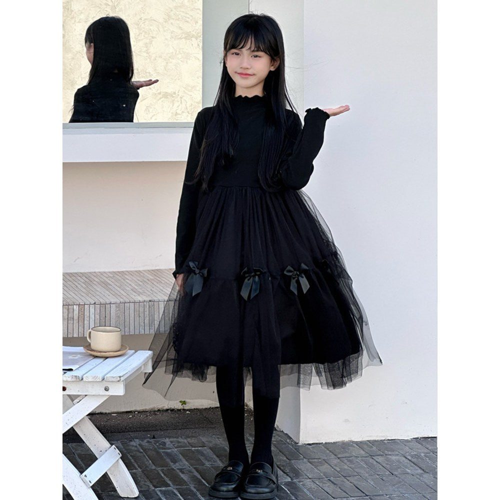 Long Sleeves Black One-Piece Tulle Dress for Stylish Girls