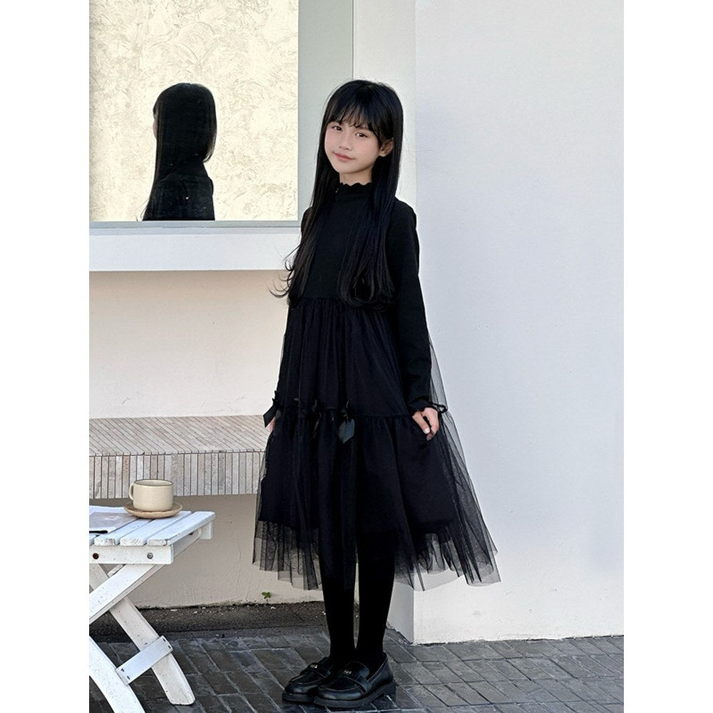 Long Sleeves Black One-Piece Tulle Dress for Stylish Girls