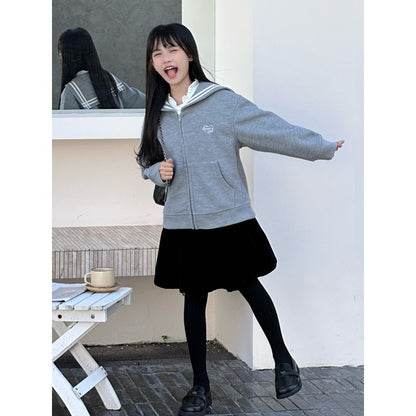 Long Sleeves Grey One-Piece Preppy Coat for Stylish Girls