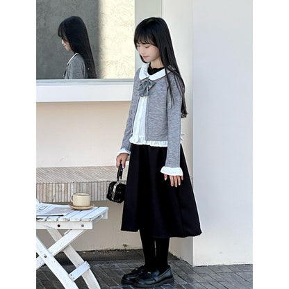Kids Girls Long Sleeves Black Dress and Preppy Coat 2-Piece Clothing Set
