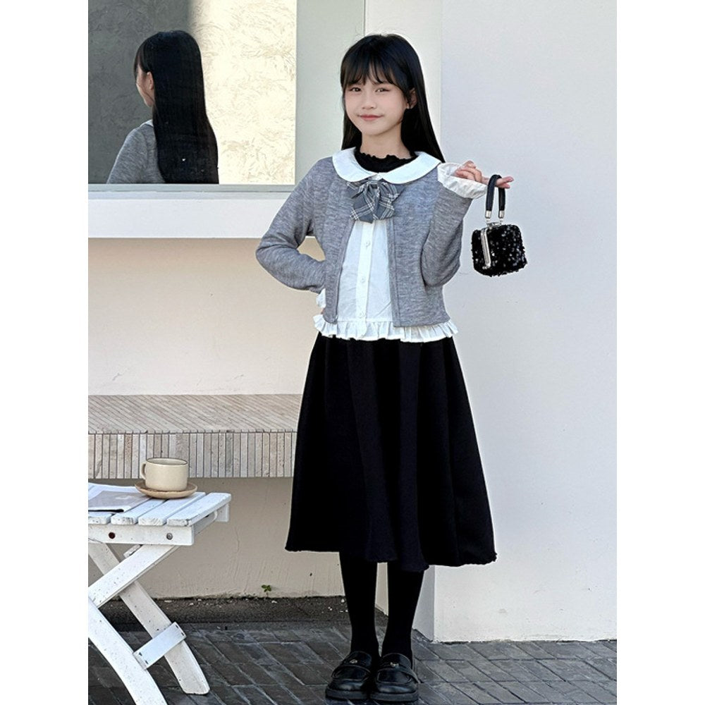 Kids Girls Long Sleeves Black Dress and Preppy Coat 2-Piece Clothing Set