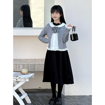 Kids Girls Long Sleeves Black Dress and Preppy Coat 2-Piece Clothing Set