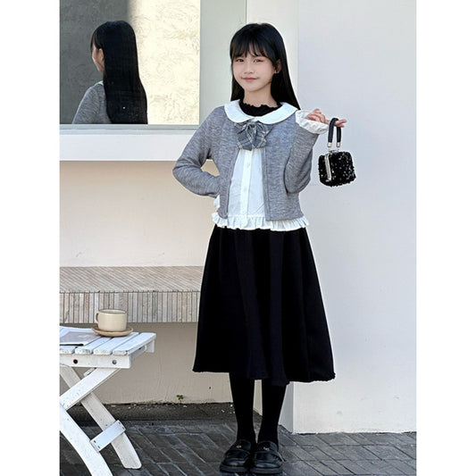 Kids Girls Long Sleeves Black Dress and Preppy Coat 2-Piece Clothing Set