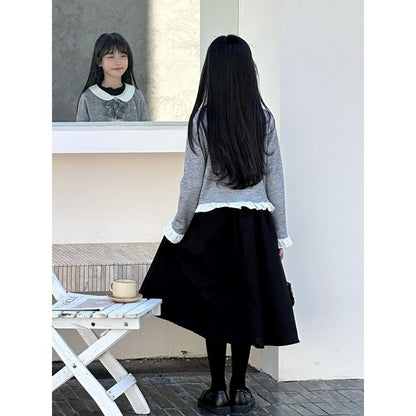 Kids Girls Long Sleeves Black Dress and Preppy Coat 2-Piece Clothing Set