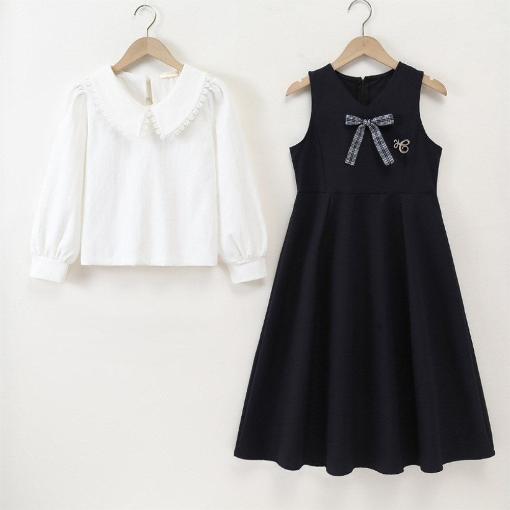 Kids Girls Sleeveless Navy Blue Dress and Lace Trim Top 2-Piece Clothing Set