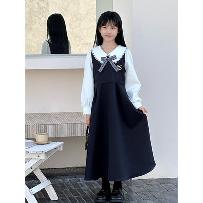 Kids Girls Sleeveless Navy Blue Dress and Lace Trim Top 2-Piece Clothing Set
