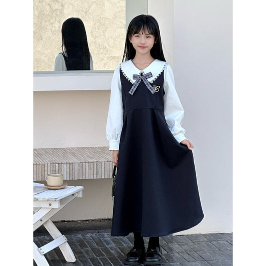 Kids Girls Sleeveless Navy Blue Dress and Lace Trim Top 2-Piece Clothing Set